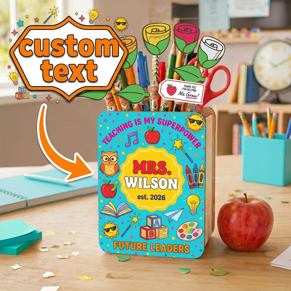 Personalized Custom Name Wooden Pencil Holder,Desktop Stationery Storage Caddy,Blue Cartoon Print,Teacher,Back‑to‑School Present