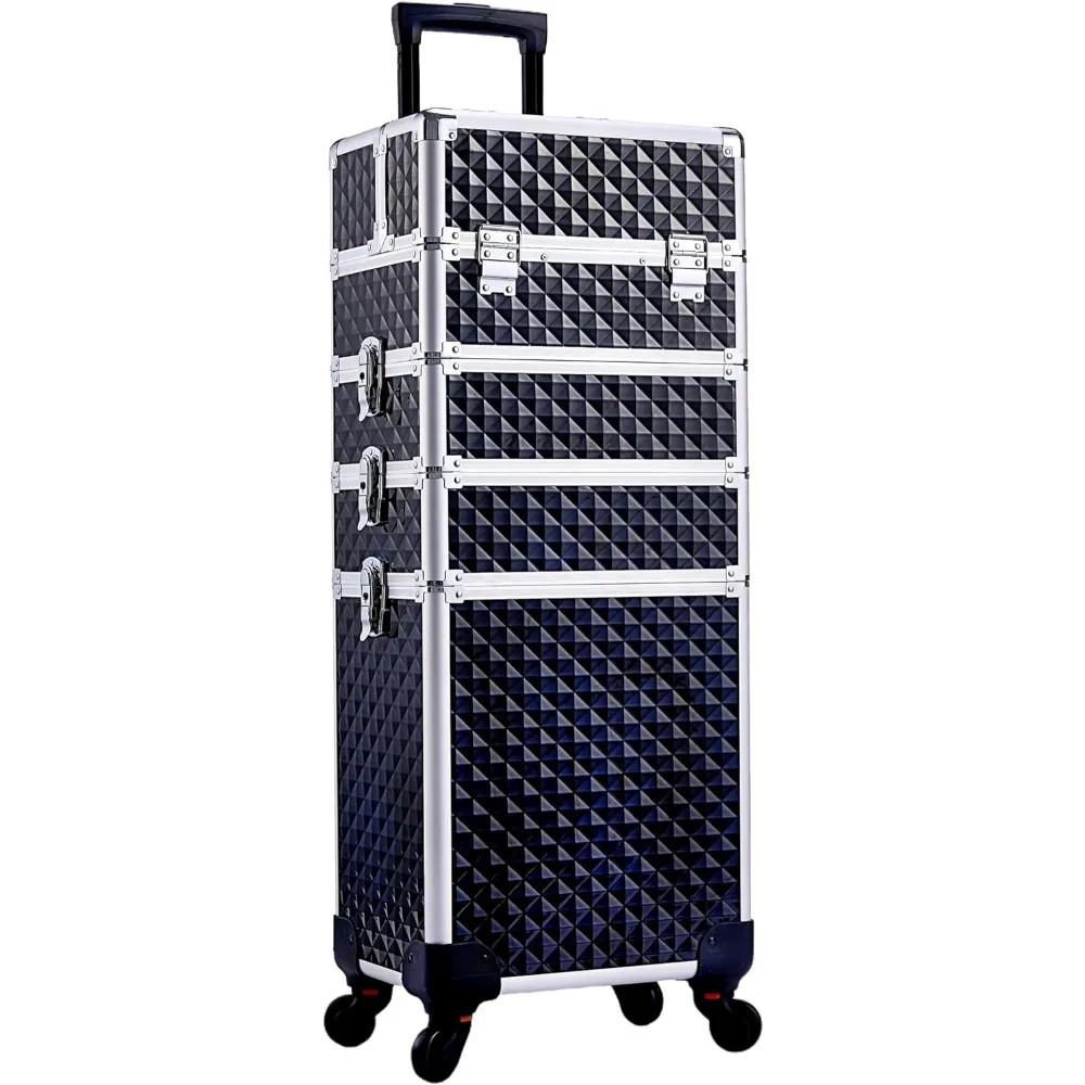 

4-in-1 Rolling Makeup Case with Swivel Wheels, Transformable Trolley for Artists and Stylists, Black Travel Box