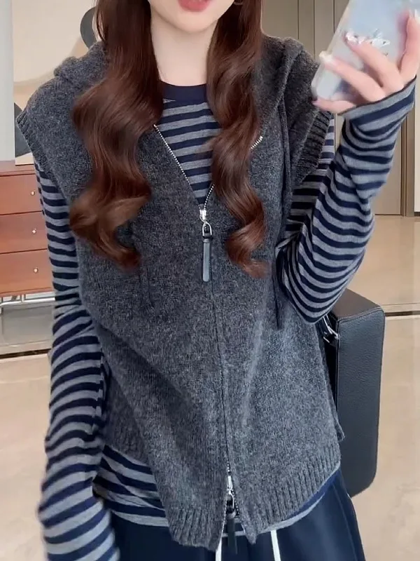 

ay Oversized Hooded Knitted Vest Women's Early Spring Casual Svel Open Cardigan Top Commute Sle Regular Length