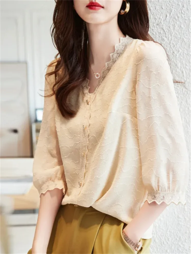 Thin Blouses V-neck Pullover Women Shirts 3/4 Sleeve Chiffon Shirt Lace Tops Summer Woman Clothes Blous Button Female Blouses