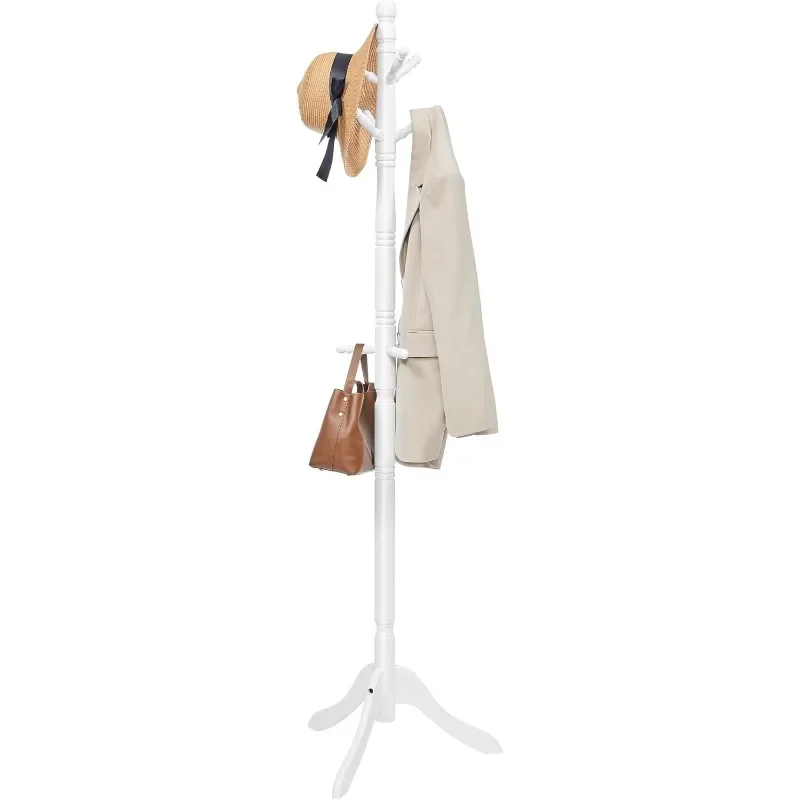 Solid Wood Coat Rack and Stand, Free Standing Hall Coat Tree with 10 Hooks for Hats, Bags, Purses, for Entryway