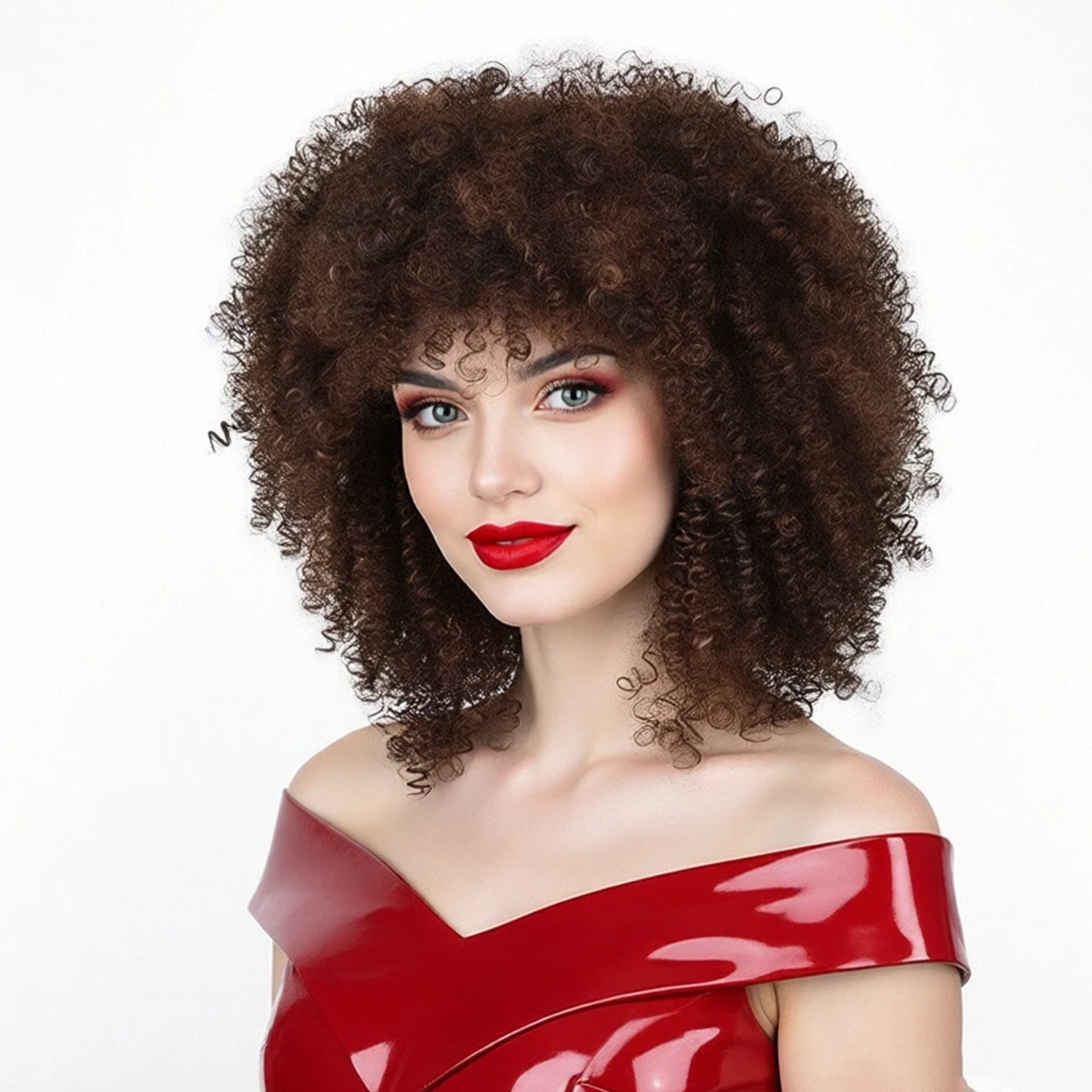 

Short Fluffy Curly Brown Wig With Bang Heat Resistant Layered Synthetic Wig for Women Halloween Daily Use