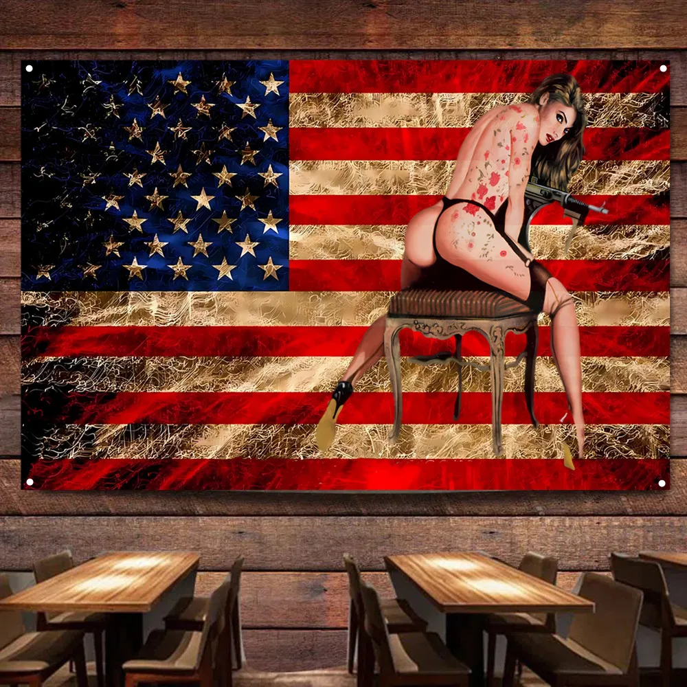 Nostalgic Vintage American Flag Pin Up Girl Art Posters & Prints Tapestry Wall Hanging Banner Bar Cafe Man Cave Home Decoration