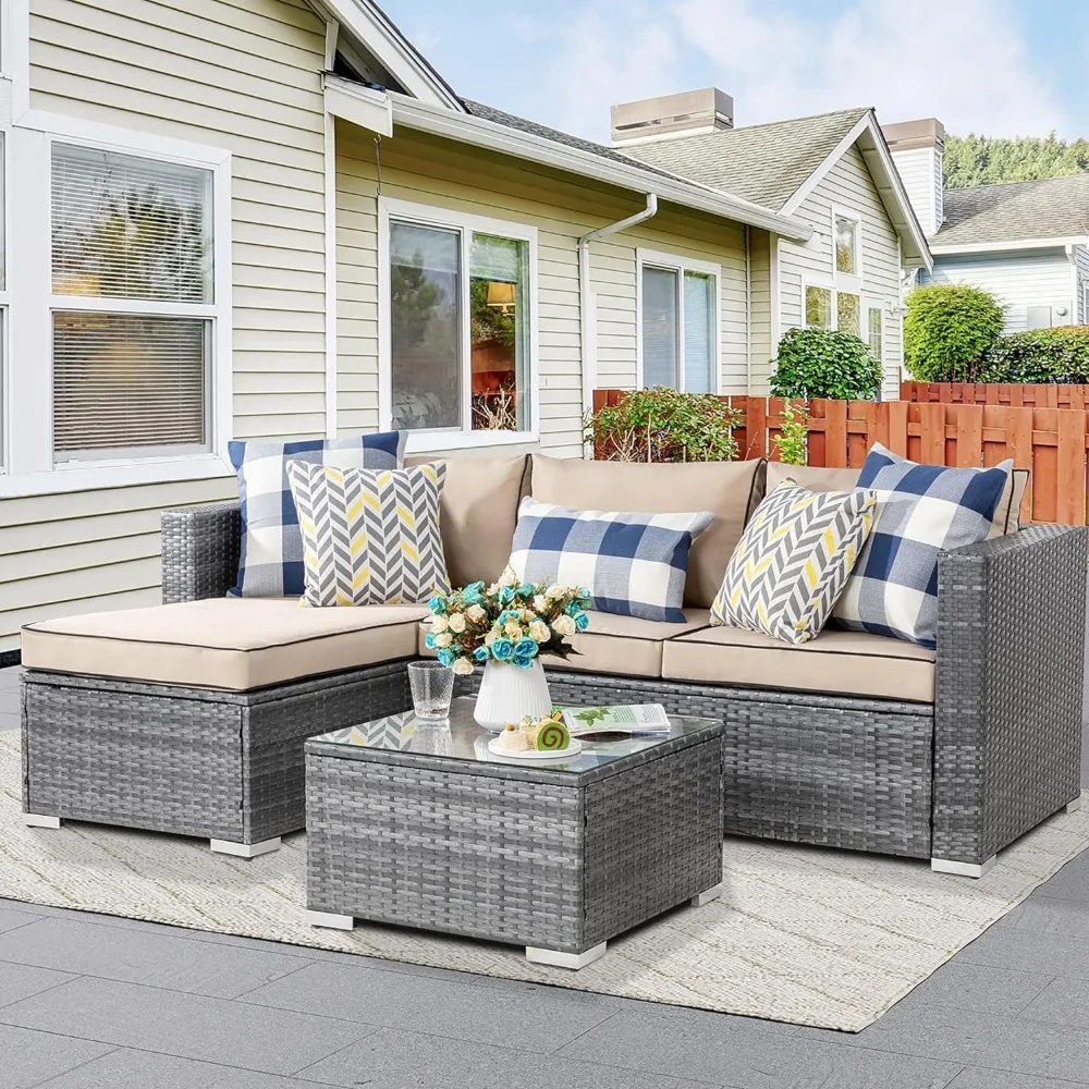 

3-piece outdoor combination sofa, silver all-weather rattan sofa, small terrace, dialogue sofa with washable cushions and glass