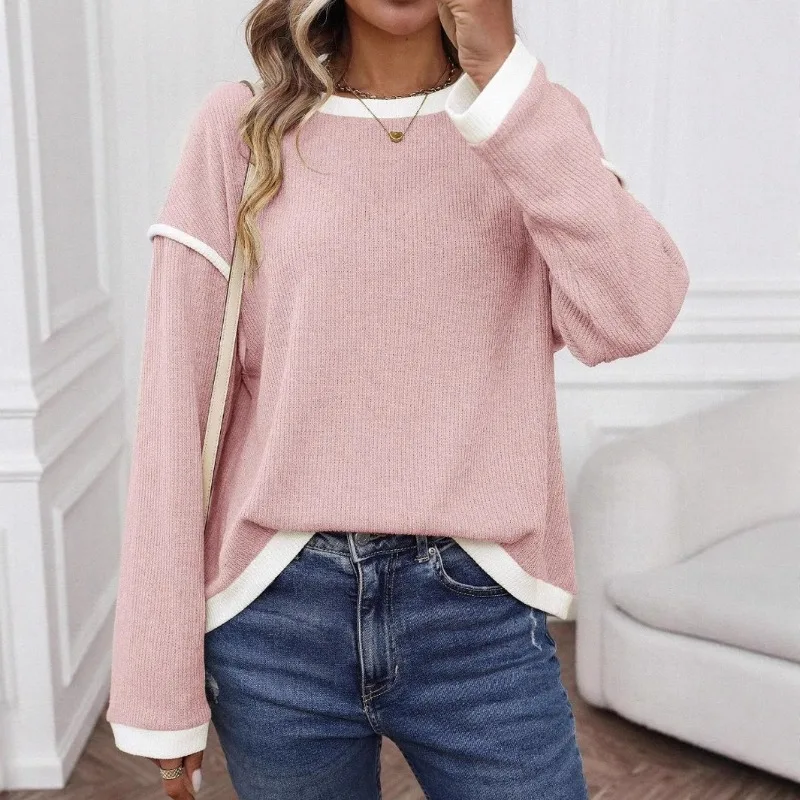 

2025 Women's Fashion Casual Color Block T-Shirt, Knit Look Loose Fit Round Neck Long Sleeve Pullover