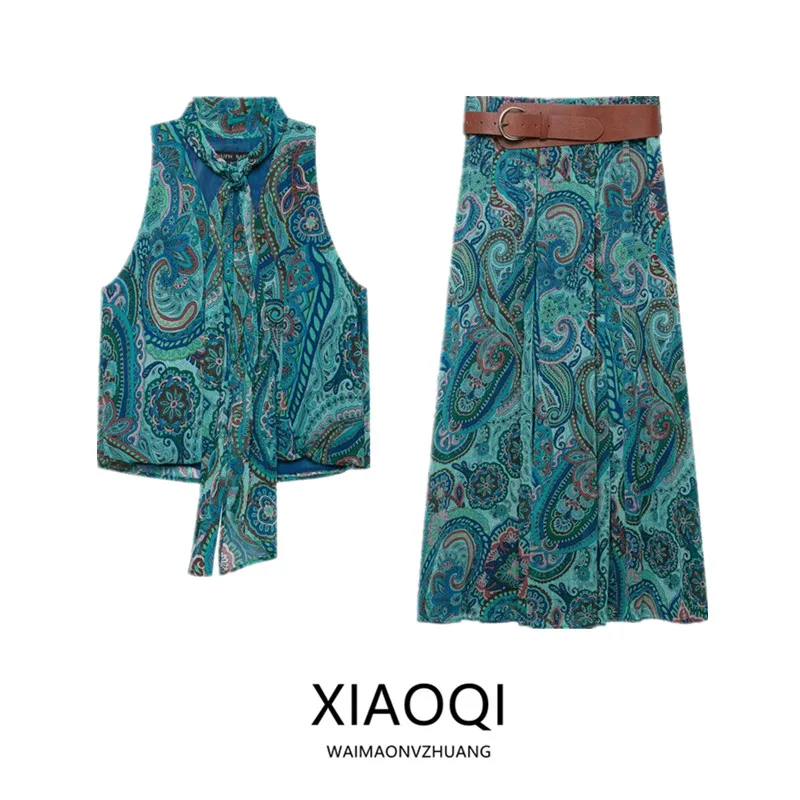 New 2026 Early Autumn Women's Fashion Sleeveless V-neck  Knot Double Flap Print Top  Knot Elegant Style