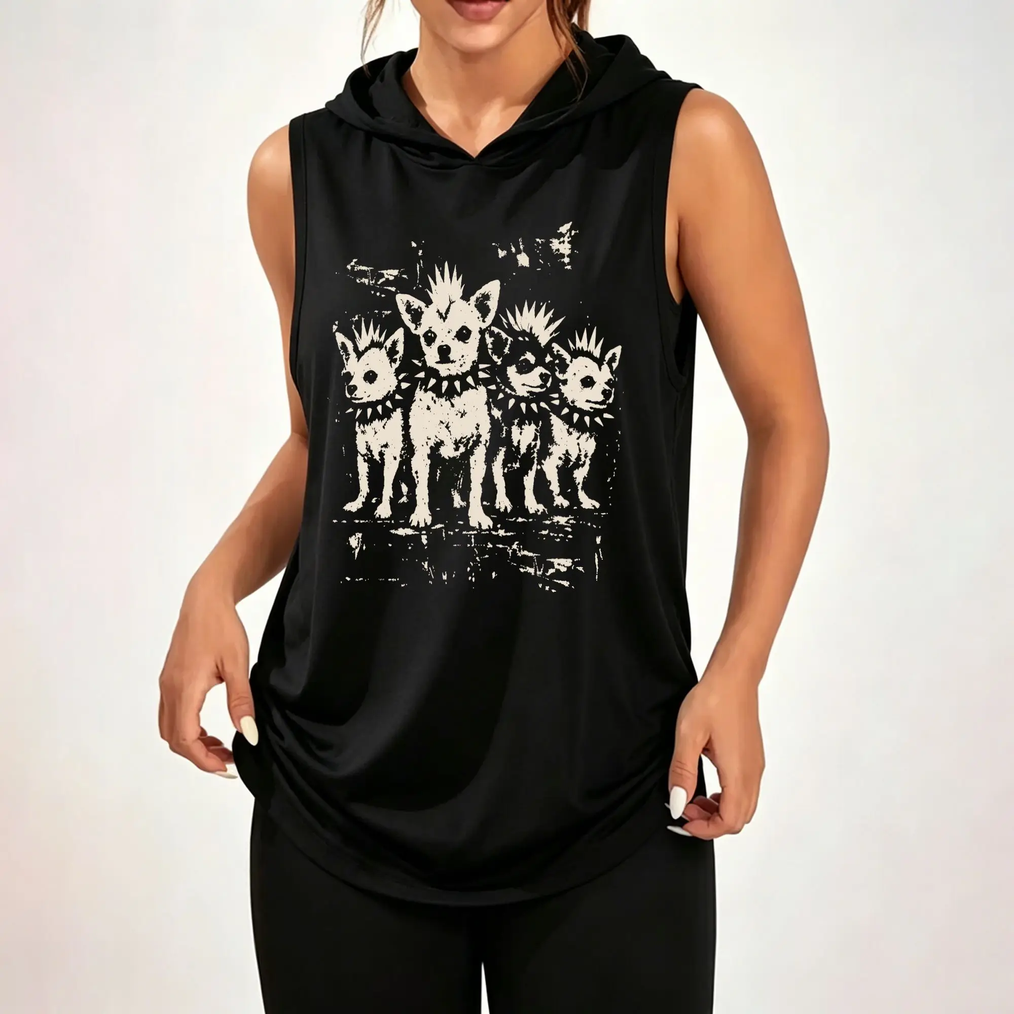 Women Sleeveless Hooded Tank Top, Punk Spiked Chihuahua Dogs Vintage Graphic Print Casual Loose Hooded Sleeveless Top ****