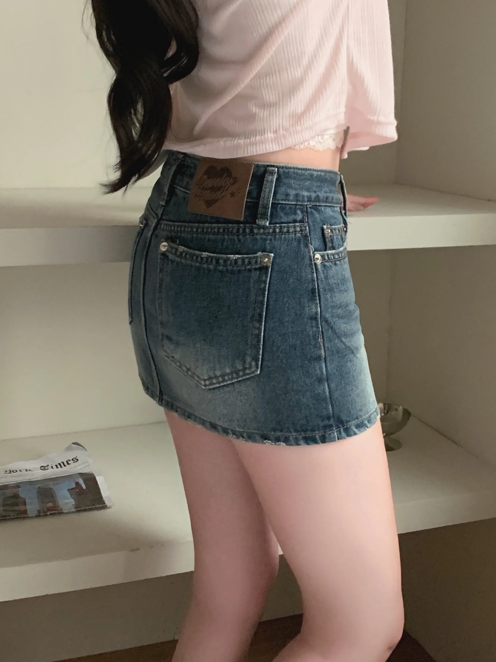 Gonna in denim a vita bassa con strass Gonna a trapezio elastica dimagrante Vintage Waed Sle Faion Summer Dr