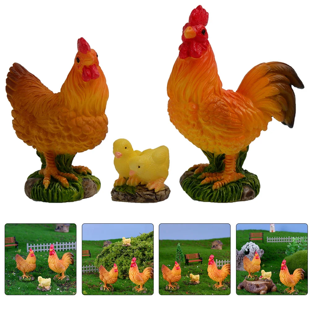 3pcs Small Chicken Crafts Resin Tiny Resin Chicken Decors Bonsai Fake Chicken Decors Tiny Animal Models Decors