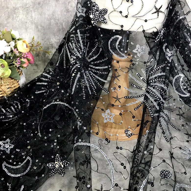 Nude pink star moon sequined gauze fabric dress see-through sequin dress  fashion designer fabric - AliExpress 15