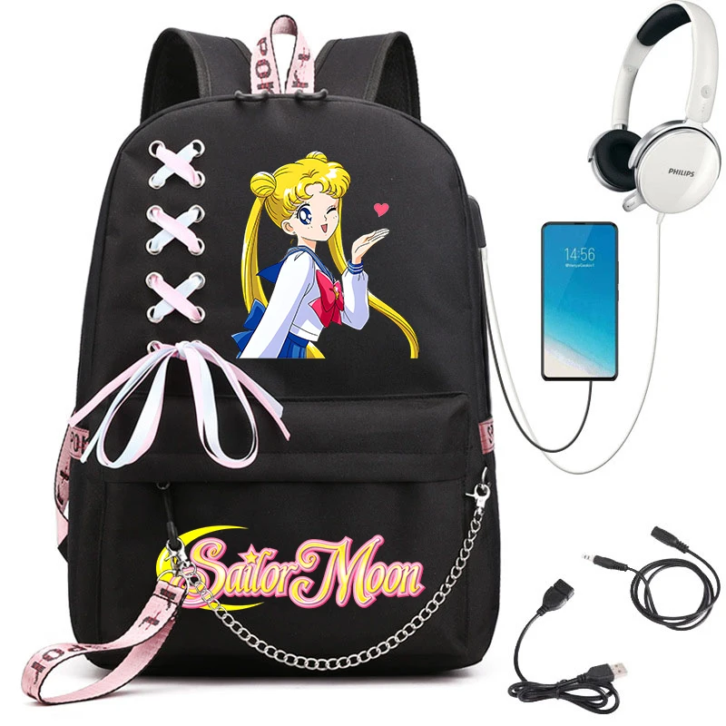 セーラームーンプリント学生用バックパック-ウェビングショルダーバッグ-女の子用-学校旅行用デイパック