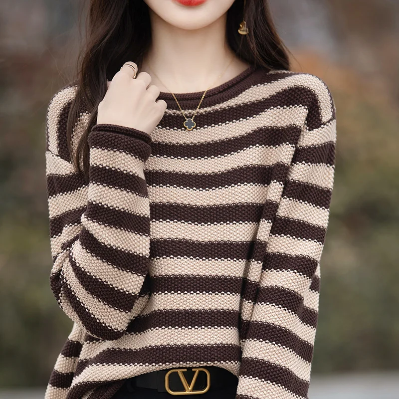 2024 Spring Autumn New 100% Cotton Sweaters Women O-neck Striped Female Long Sleeve Tops Korean Fashion Loose Oversized Pullover