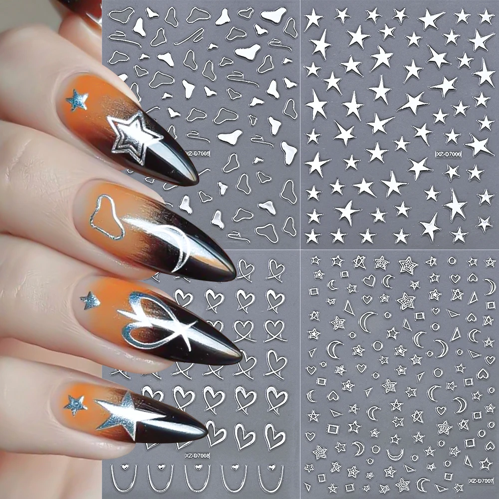 1 Stück 3D Metallic Silber Französisch Streifen Linie Nagelaufkleber Y2K Stern Mond Schlange Selbstklebende Abziehbilder Blumen/Schleife/Liebesherz Maniküre Schieber