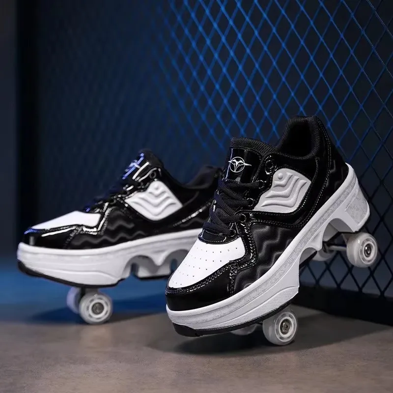 Street‑Style High‑Top Pop‑Up Roller Skate Sneakers, Auto Retractable 4‑Wheel Design, Great Gift for Boys Girls Street‑Going Yout