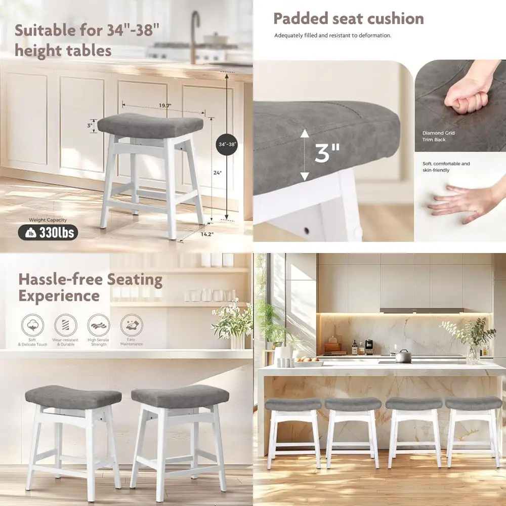 

Solid Wood Saddle Kitchen Bar Stools Set with Linen Cushion Counter Height 24 Inch Grey 3PCS, Customized taburete plegable