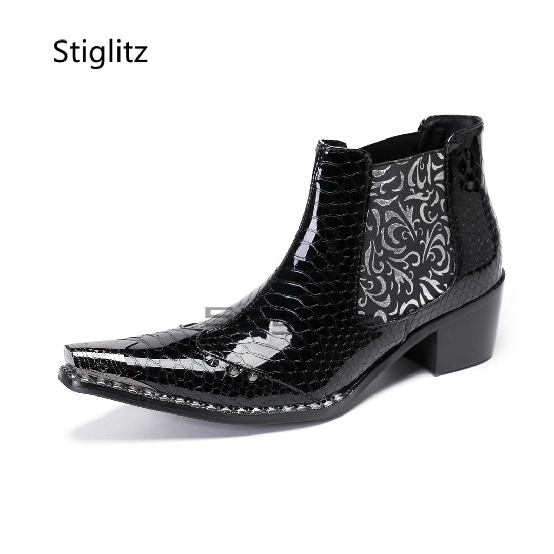 Men's Black High Heels Chelsea Boots Crocodile Pattern Prints Metal Pointed Toe Ankle Boots for Men Slip On Genuine Leather Shoe