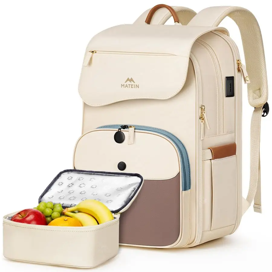 

Flap Backpack for Women with Lunch Box, Vintage Laptop Backpack 15.6 Inch with USB Charging Port, Water Resistant Insulated Cool