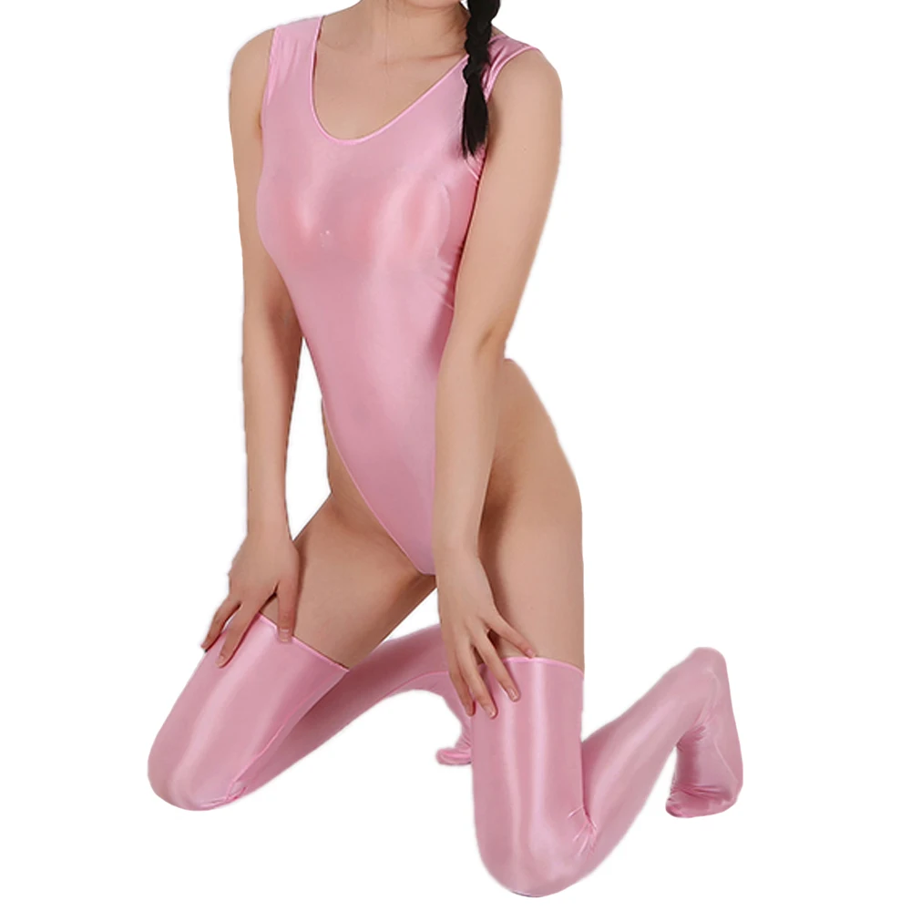 New Women Oil Glossy One-piece Nightwear Sleeveless High Cut Bodysuit Shiny Thigh High Stockings Smooth Elastic Rompers Clubwear