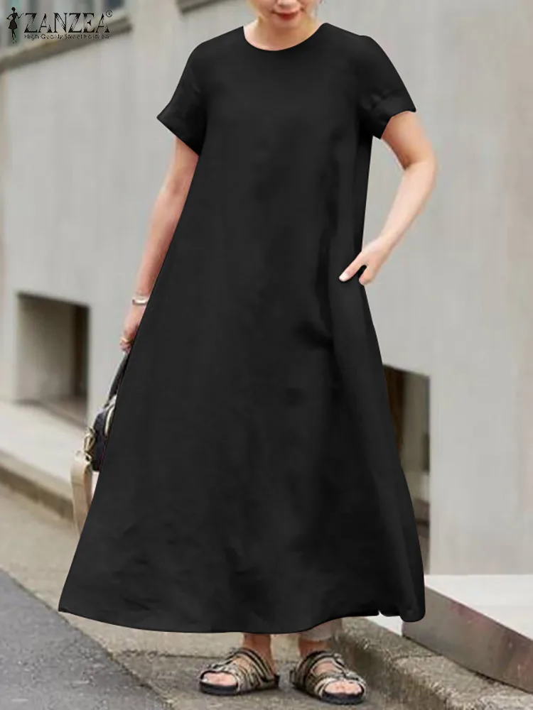 2023 ZANZEA Stylish Summer Dress Women O Neck Short Sleeve Solid Loose Sundress Elegant Kaftan A-line Party Vestidos Robe Femme