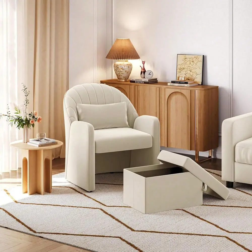 

Barrel Accent Chair With Footrest, Velvet Modern Comfy Cute Elegant Reading Chairs With Lumbar Pillow Storage Box For Living Ro
