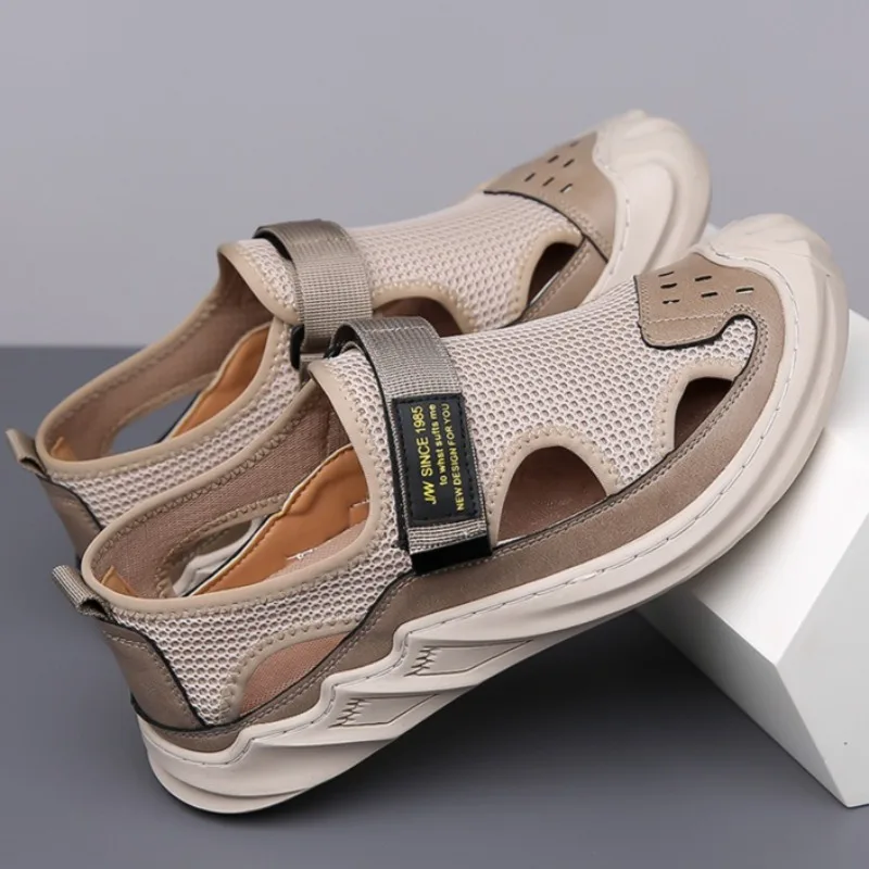 2026 Summer Men's Sandals Comfortable Mesh Magic Tape Sneakers Breathable Hollow Out Soft Bottom Slip-On Casual Shoes for Man