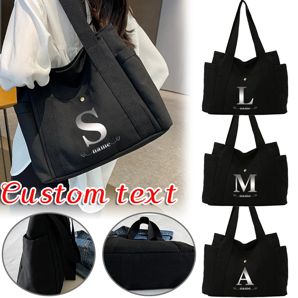 

Personalized Customization Name Women's Black Canvas Shoulder Bag Fashionable Shopping Bag Travel Commuting Handbag