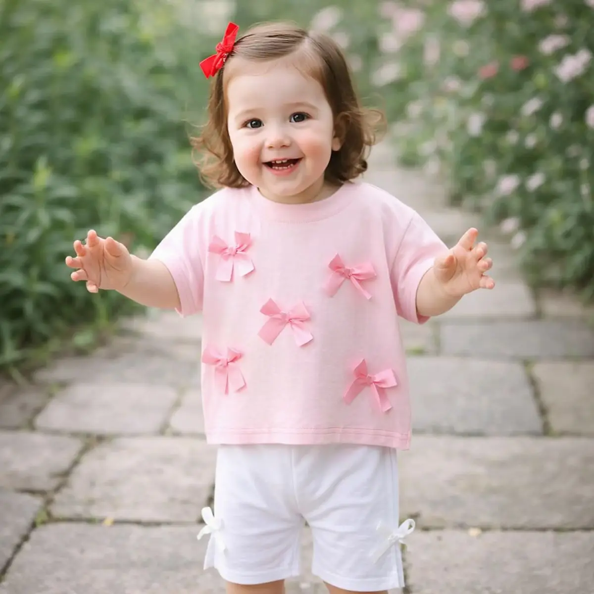 

2PCS Infant Baby Girl Clothes Set Pink Short Sleeves T-shirt+white Shorts Summer Cute Bow Outfit for Toddler Suits 0-3Y