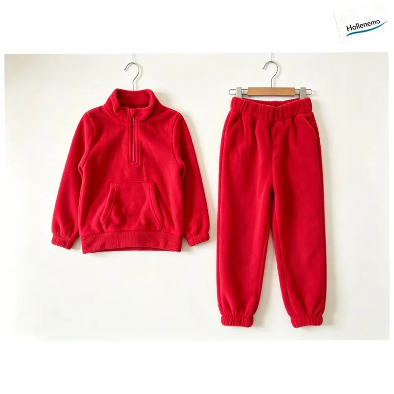 Kids Fleece 2Pcs Tracksuit Set Solid Red Stand Collar Zipper Jacket & Elastic Cuff Sweatpants Boys Girls Warm Casual  Outfit