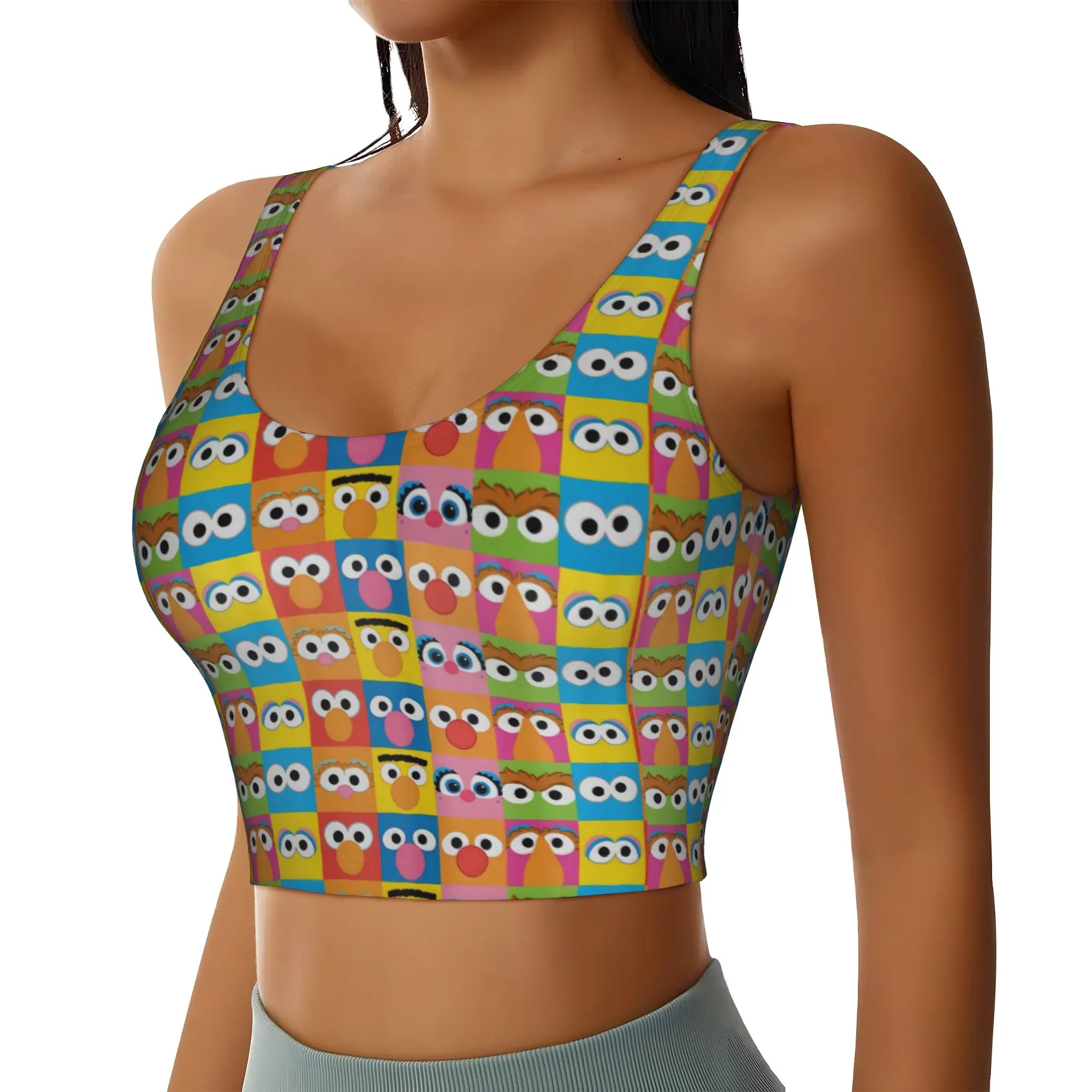 Custom Women's Cookies Anime Monsters Sports Bra Elmo Cartoon High Impact Gym Workout Yoga Crop Tank Tops