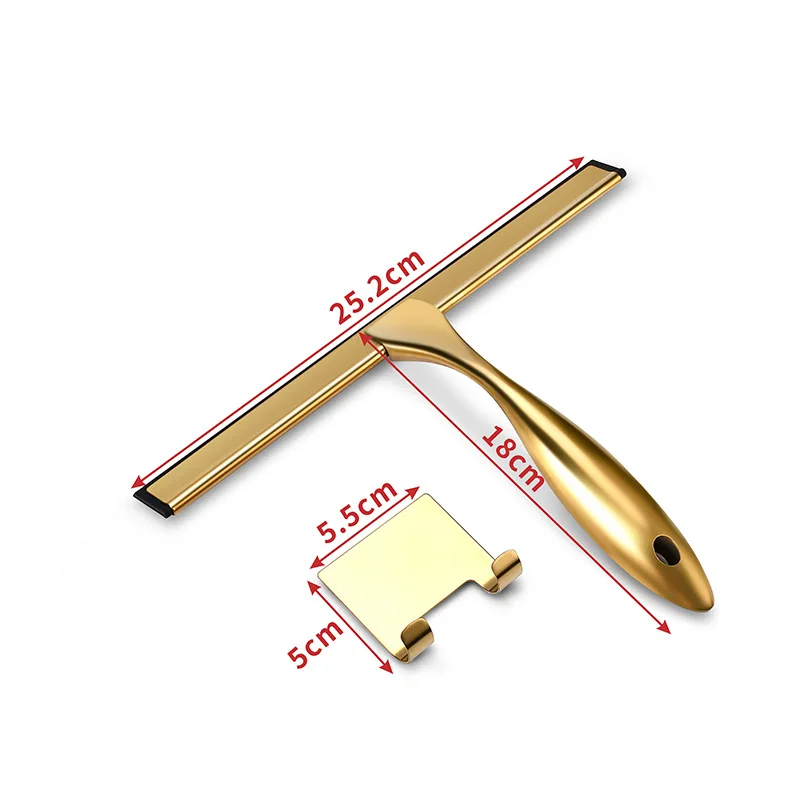 Gold Aluminum Shower Squeegee Window Glass Wiper Scraper Cleaner with Silicone Brush Hook Holder for Bathroom Kitchen Car Mirror