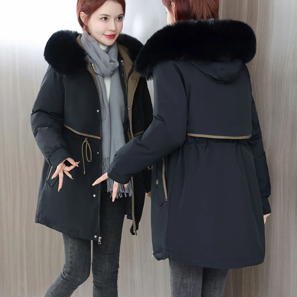 Winter Jacket 2023 New Women Parka Clothes A-line Elegant Black Coat Fur Collar Hooded Jacket Thick Warm Snow Wear Padded Parka