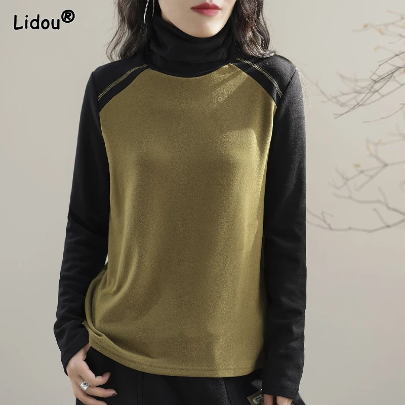 Patchwork Bottoming Round Neck Loose Women's Clothing Solid Color T-Shirts Comfortable Office Lady Fashion Casual Spring Autumn