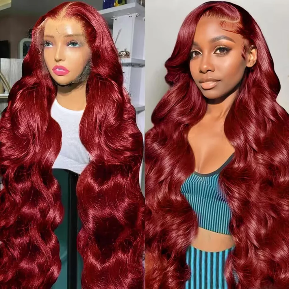 Perruque Lace Front Wig Body Wave Brésilienne Naturelle, Cheveux Humains, Bordeaux 99J, 13x6, Transparent HD, Couleur Rouge, pour Femme