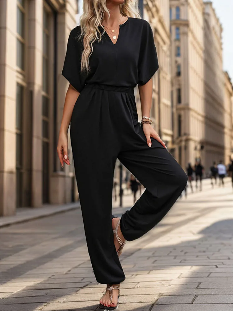 JIM & NORA Summer Europe and the United States women bat sleeve one-piece pants V-neck simple casual basic one-piece pants