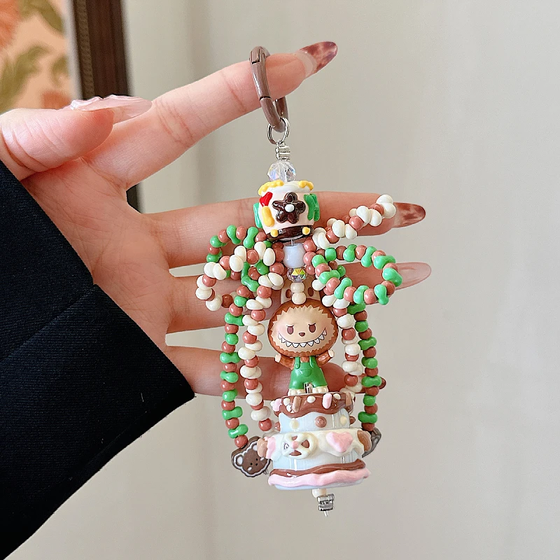 POP BEAN Diy Labubu Chaka Beaded Cream Glue Cake Colorful Car Keychain Pendant Cute Moblie Phone Chain Hanging Accessories Gift