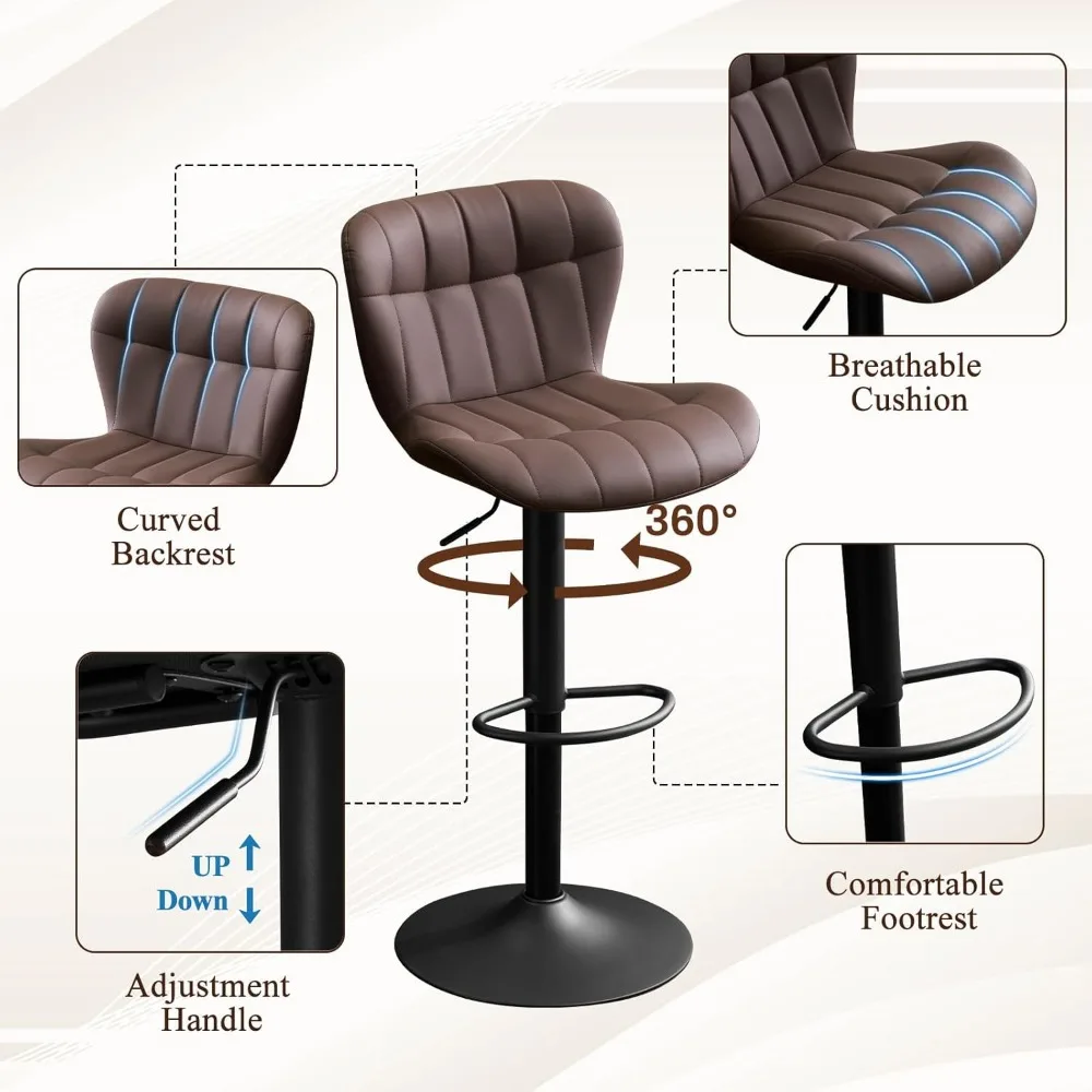 مقاعد بار حديثة من الجلد الصناعي لجزيرة المطبخ، مقاعد بارتفاع دوارة منجدة مع مقاعد مع ظهر، بني