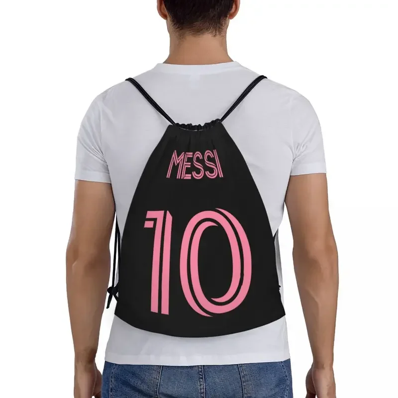 Custom Pink Messis 10 Soccer Drawstring Bag Men Women Lightweight Football Sports Gym Storage Backpack