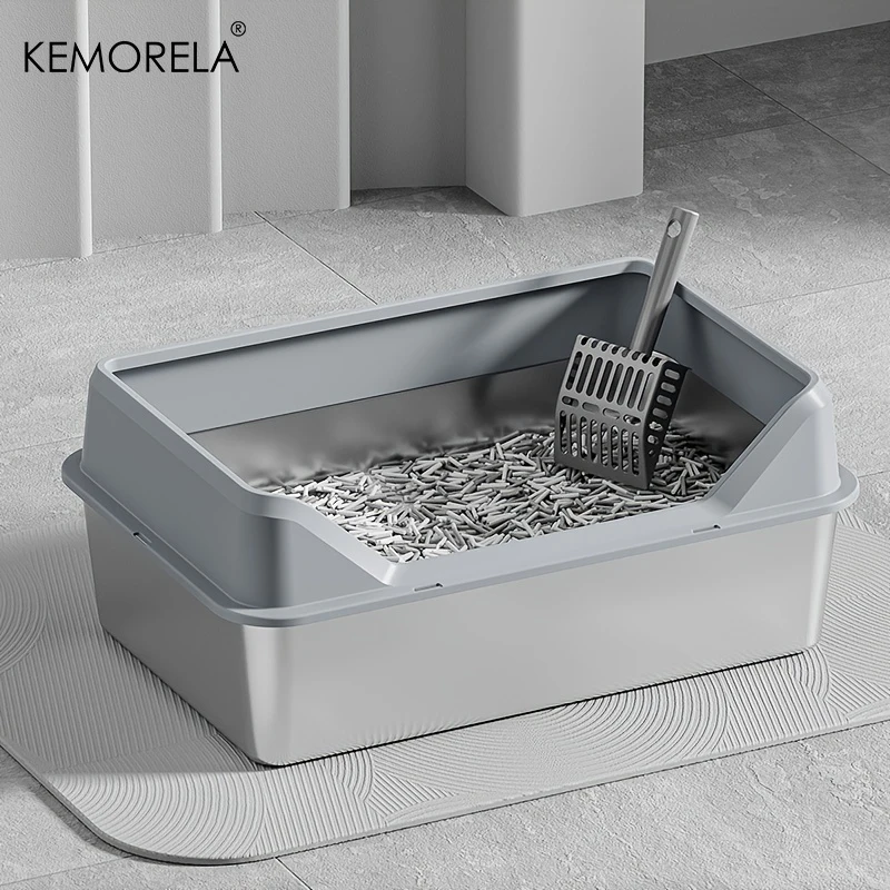 KEMORELA XL Extra Large Stainless Steel Litter Box Enclosure with Lid High Side Large Cat Litter Tray For Big Cat With Scoop