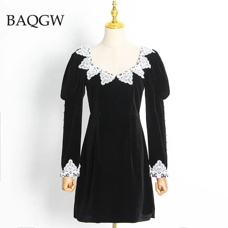 Lace Patchwork Black Velvet Dresses Elegant Off Shoulder Long Sleeve Pearl Vintage Party Evening Porm Mini Dresses Formal Gowns