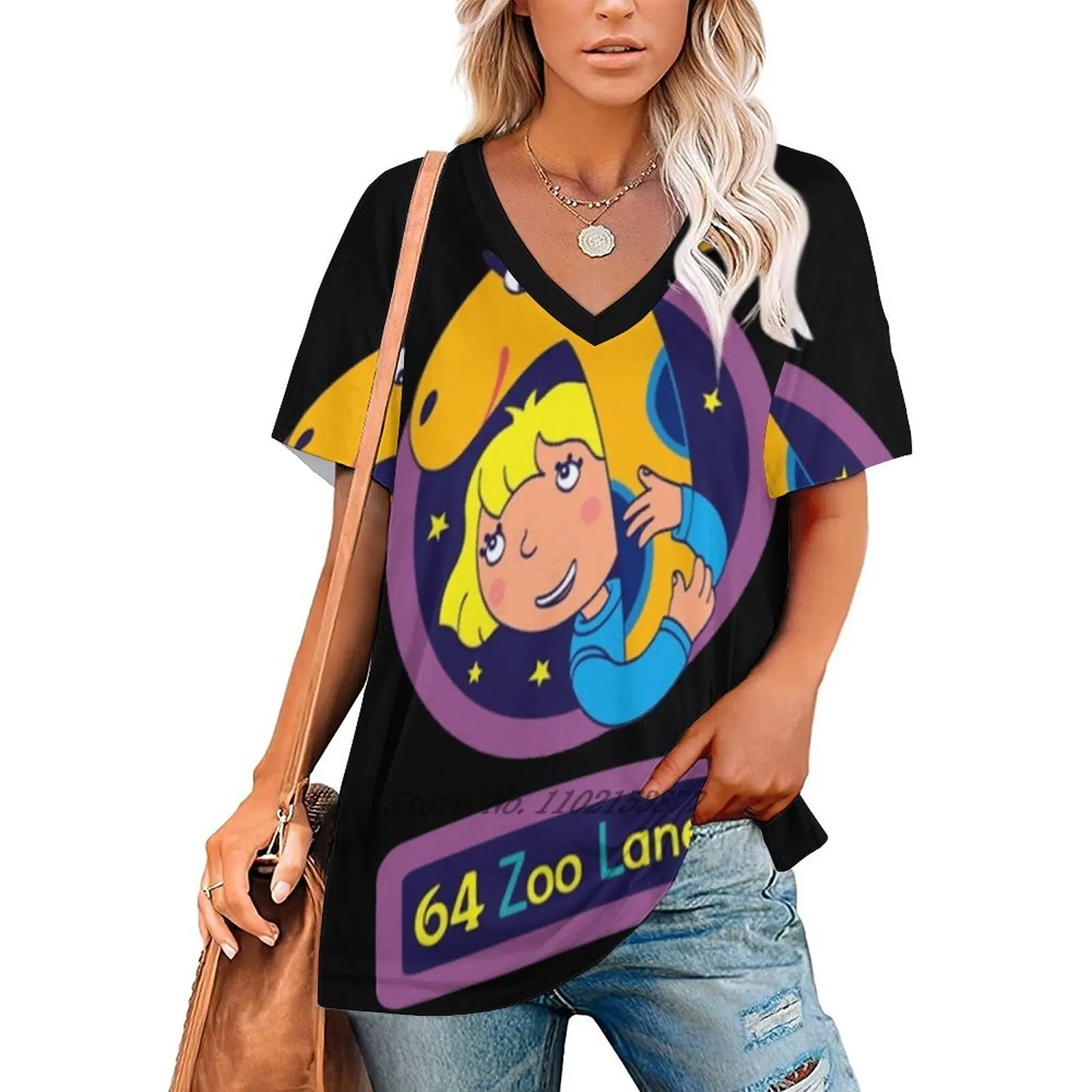 64 Zoo Lane Women V Neck T-Shirt Casual Sexy T Shirts Hollow Out Zipper Pullover Top 64 Zoo Lane Funny Girl And Giraffe