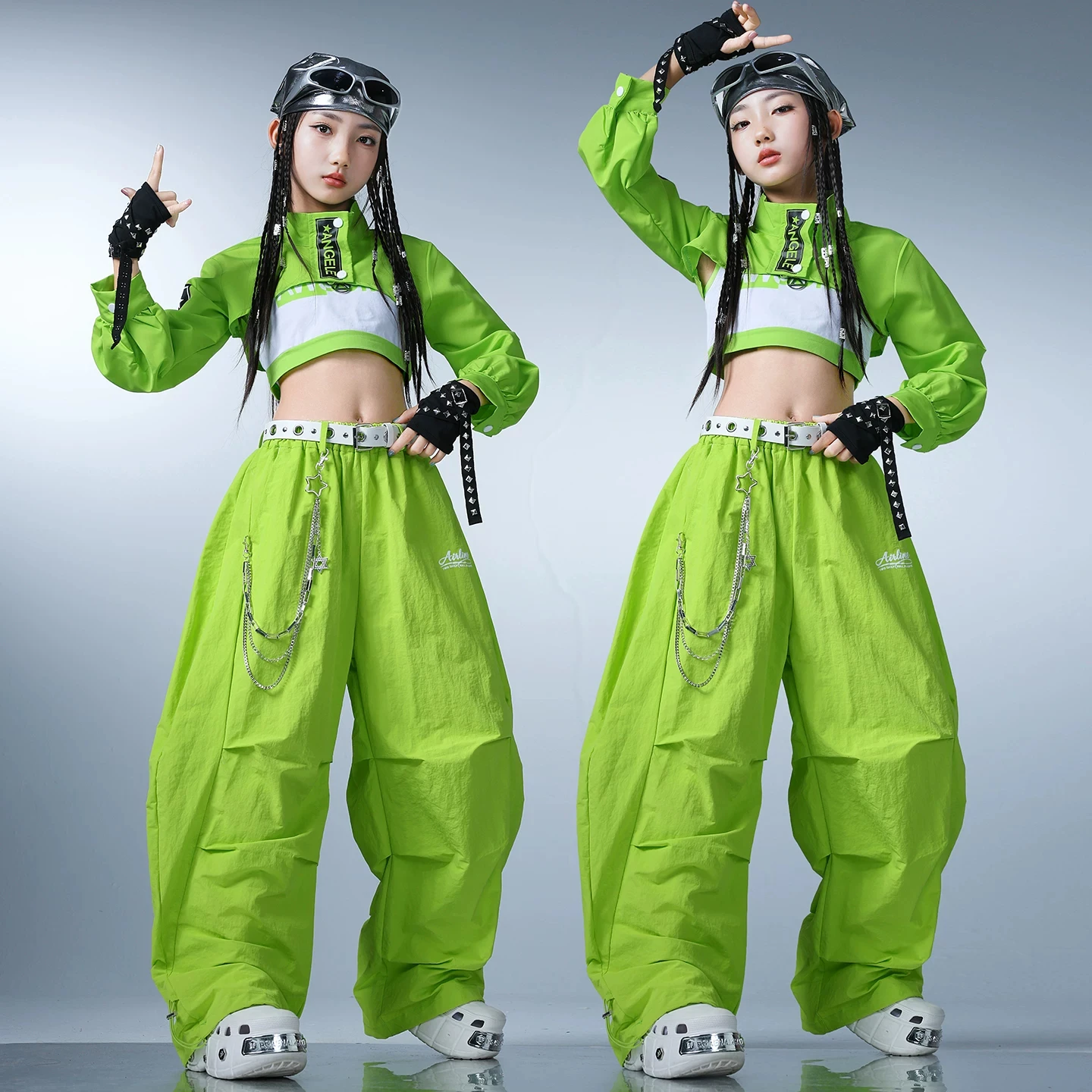 Children Jazz Dance Costumes For Girls Group Green Crop Tops Cargo Pants Kpop Outfits Fashion Show Hip Hop Dance Wear DQS24575