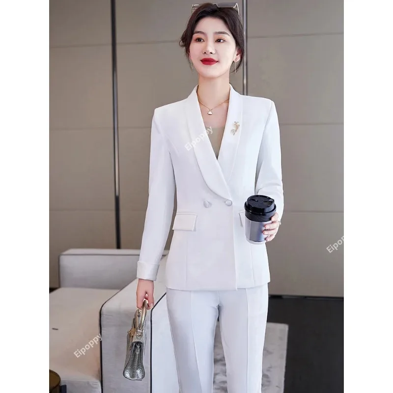 2024New Fashion Women Pink White Black Formal Pant Suit Jacket and Trouser 2 Piece Set Blazer for Office Ladies Winter Work Wear