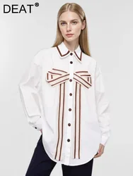 DEAT Fashion Women's Shirt Lapel Contrast Color Bows Silk Ribbon Spliced Single Breasted Loose Blouse Summer 2024 New CPG1537