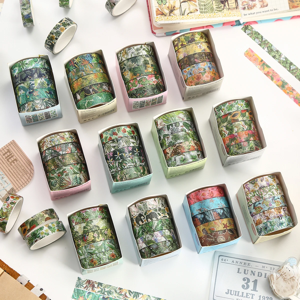 

Набор из 5 рулонов тропической клейкой ленты васи, декоративная лента для скрапбукинга с цветочными мотивами в летнем стиле, для творчества и оформления дневников