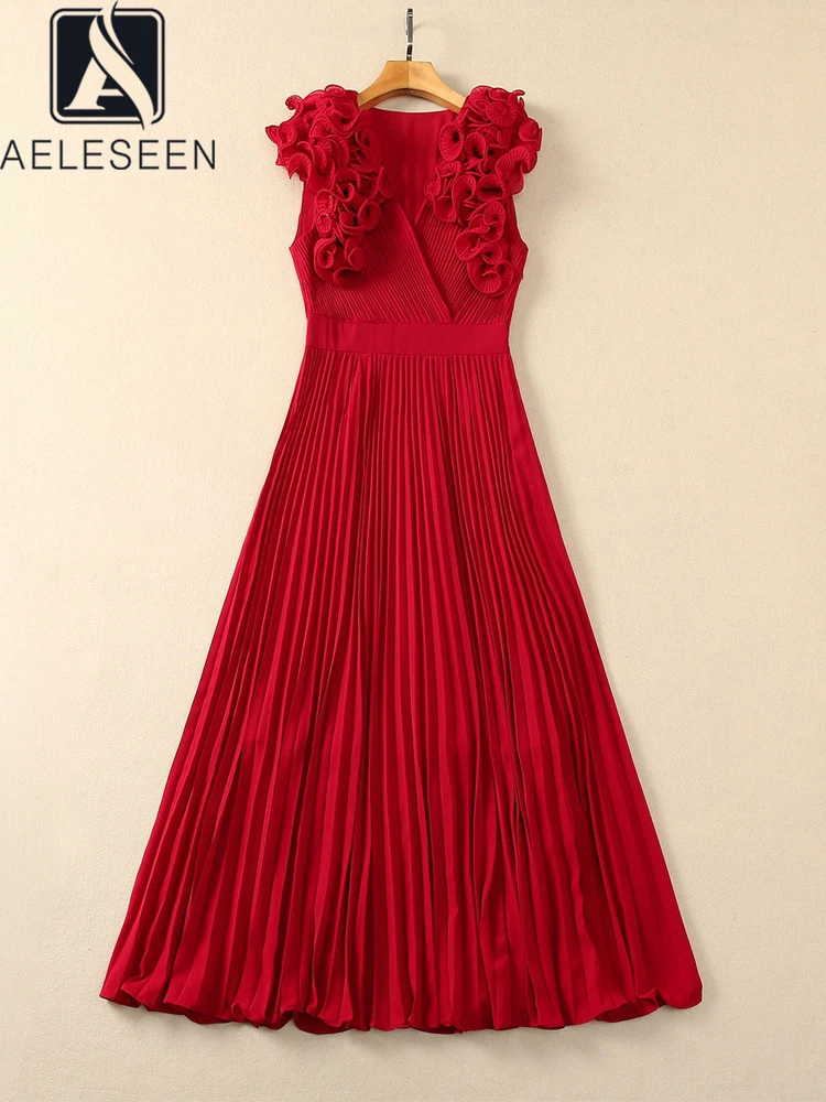 

AELESEEN High Quality Summer Dress Women Sleeveless Red V-neck 3D Ruffles Patchwork Elegant Midi Pleated Holiday Vacation