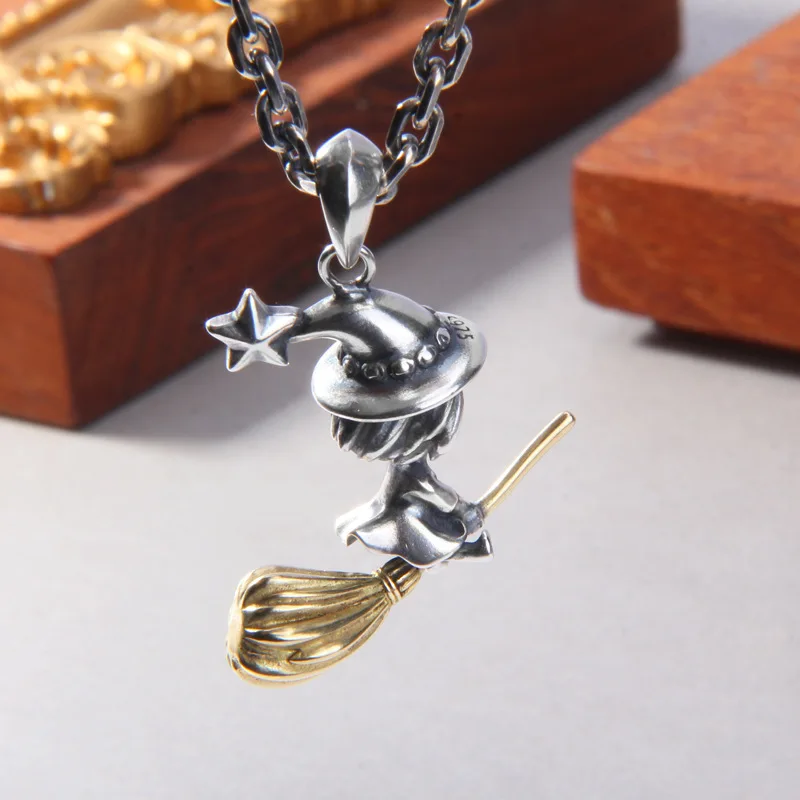 BOCAI New S925 Sterling Silver Vintage Cartoon Witch Flying Magic Broom Pendant Women's Selected Gift