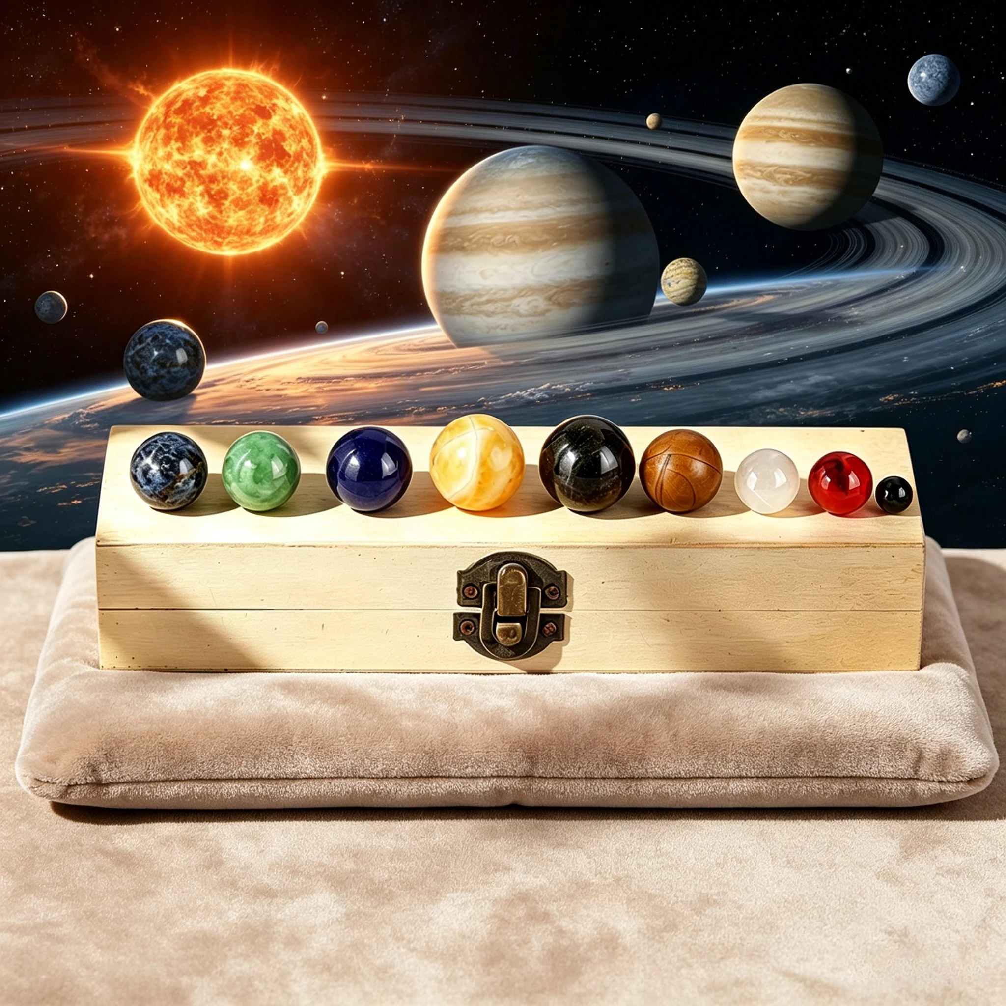 8 Planets Natural Crystal Sphere Set Solid Wood Storage Box Cosmic Planet Stone Meditation Healing Desktop Collectible Gift