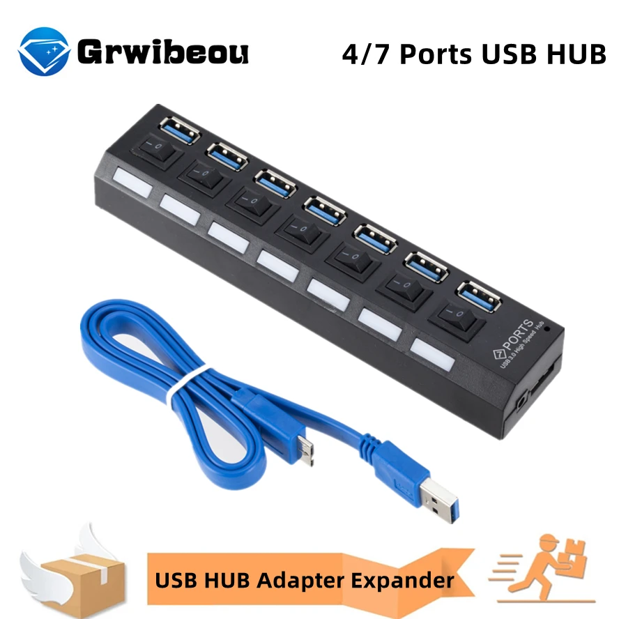 

High Speed 4/7 Ports USB HUB 2.0 Adapter Expander Multi USB 3.0 Splitter Multiple Extender with LED Lamp Switch for PC Laptop