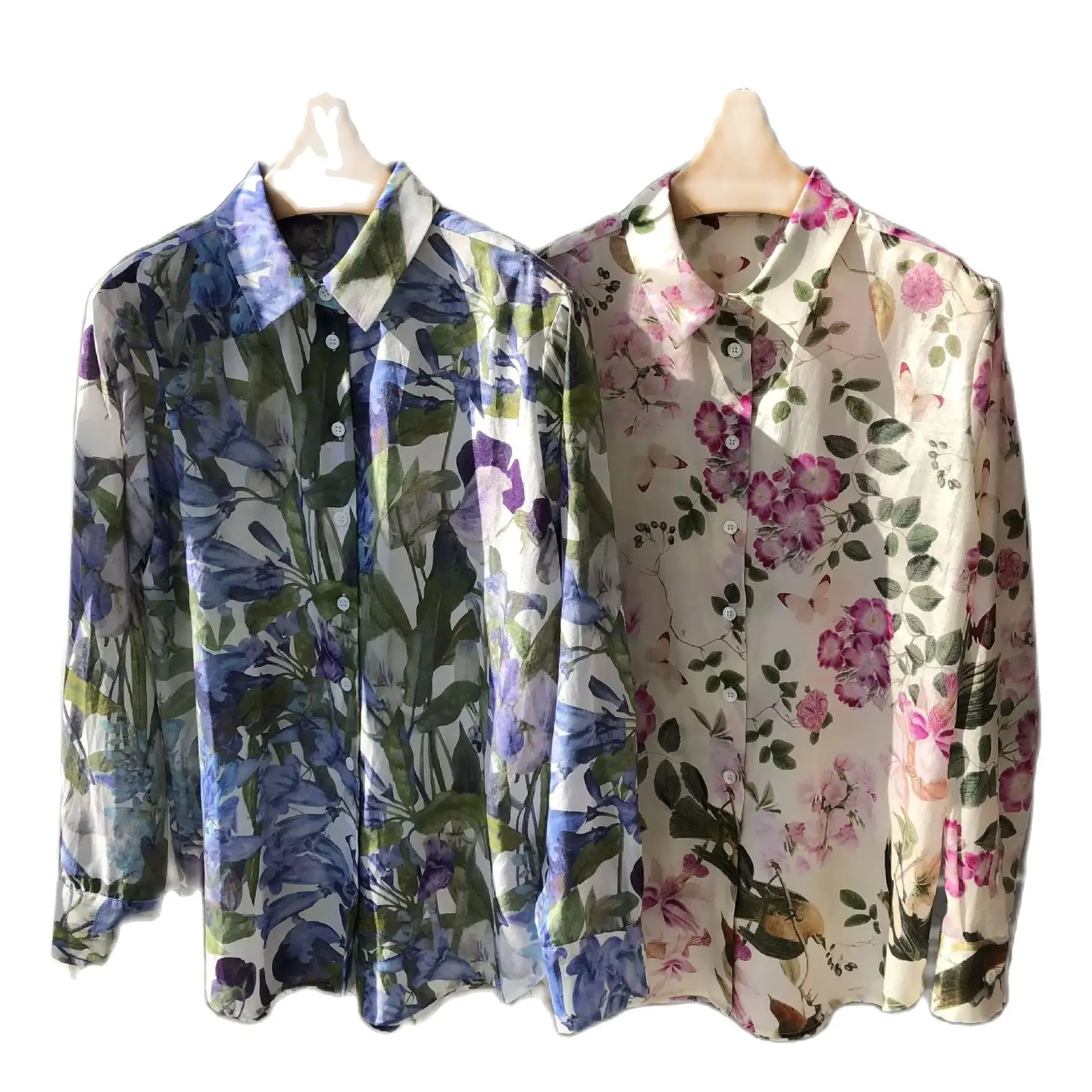 BirdTree 30%Real Silk Watercolor Printing Shirt For Women, 2024 Spring Long Sleeve Lapel Blouse, Elegant Versatile Tops T41559QC