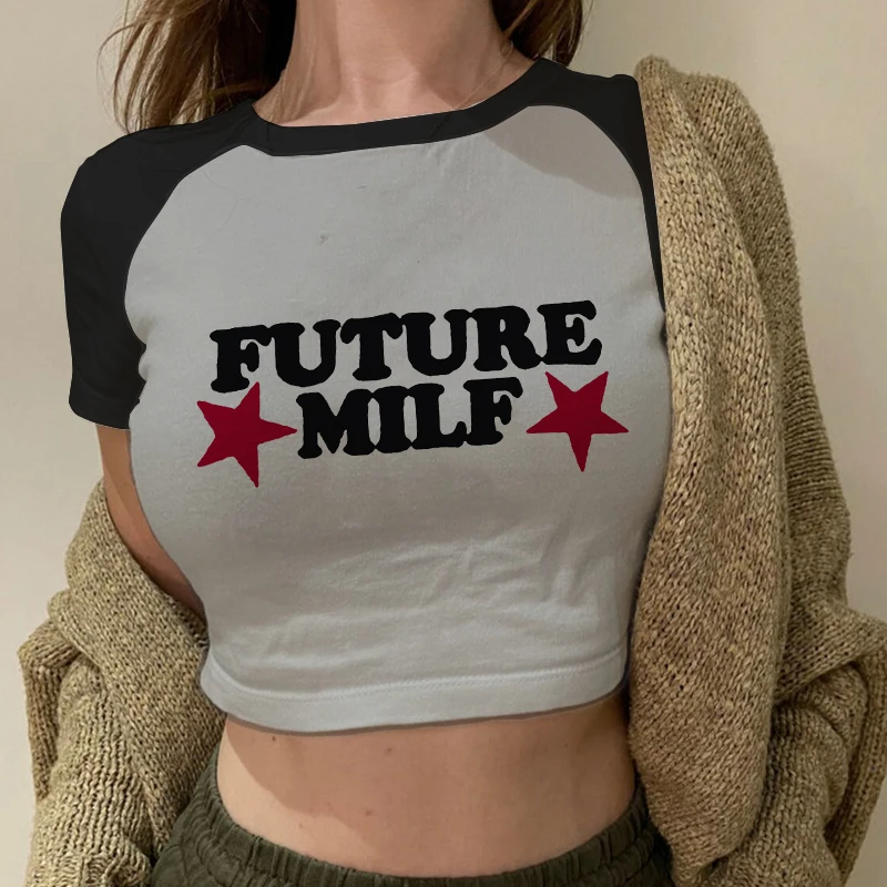 New Summer Women's Tops T-Shirt Future Milf Star Letter Graphic Y2k Crop Tops Sexy Cute Baby Tee 2000s Streetwear Navel Party